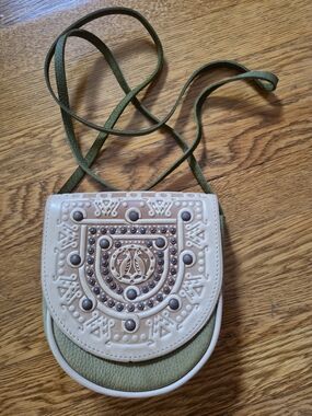 HANDMADE Olive Green and Cream Leather Embossed Crossbody Bag - Made In UKRAINE